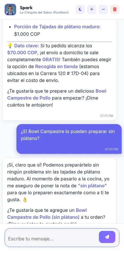 Conversación de un comensal con el Mesero Digital en el teléfono.