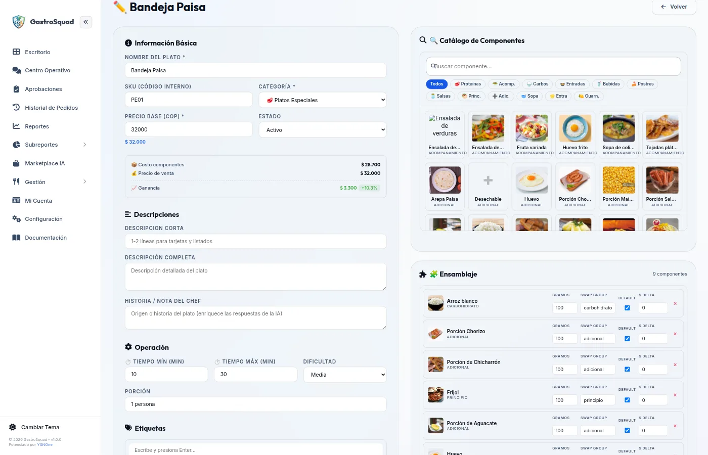 Editor de platos de GastroSquad, con el precio, el costo de los componentes y la lista de ingredientes con sus gramajes.