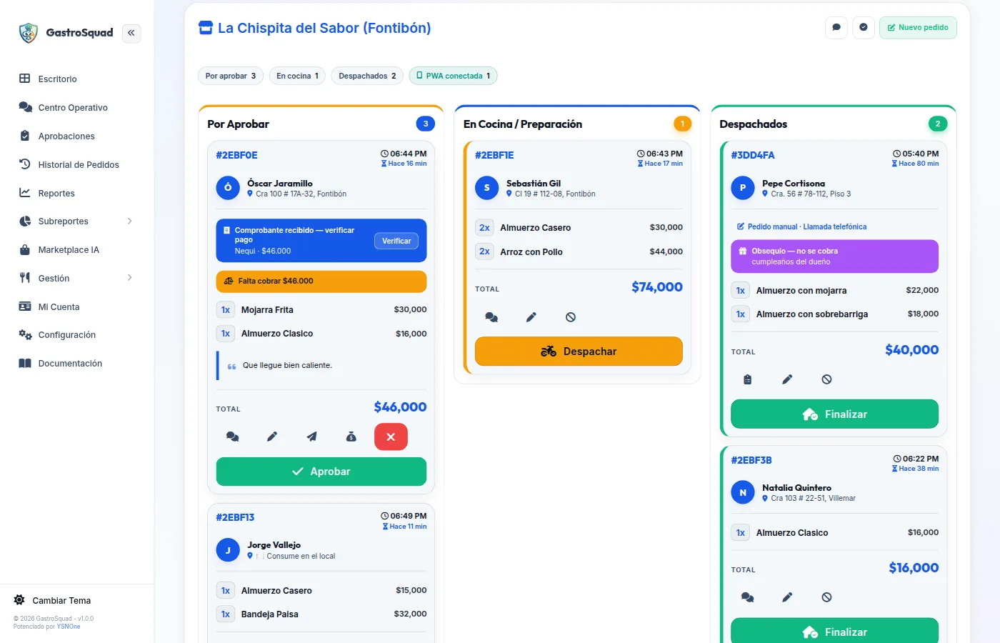 Tablero de pedidos de GastroSquad con las columnas de aprobación, cocina y despacho.